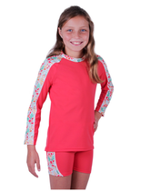 Nozone girls 2 pc sun protective UPF 50+ swimsuit shorts in red prints soft #color_Fiesta/Bella